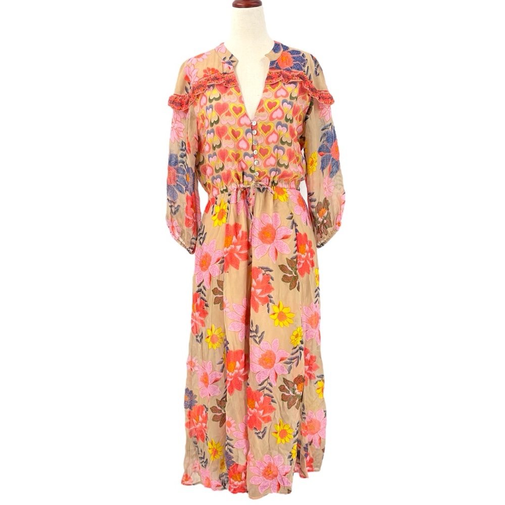 Emily Lovelock Bohemian Floral Midi Dress - Pink & Tan MEDIUM